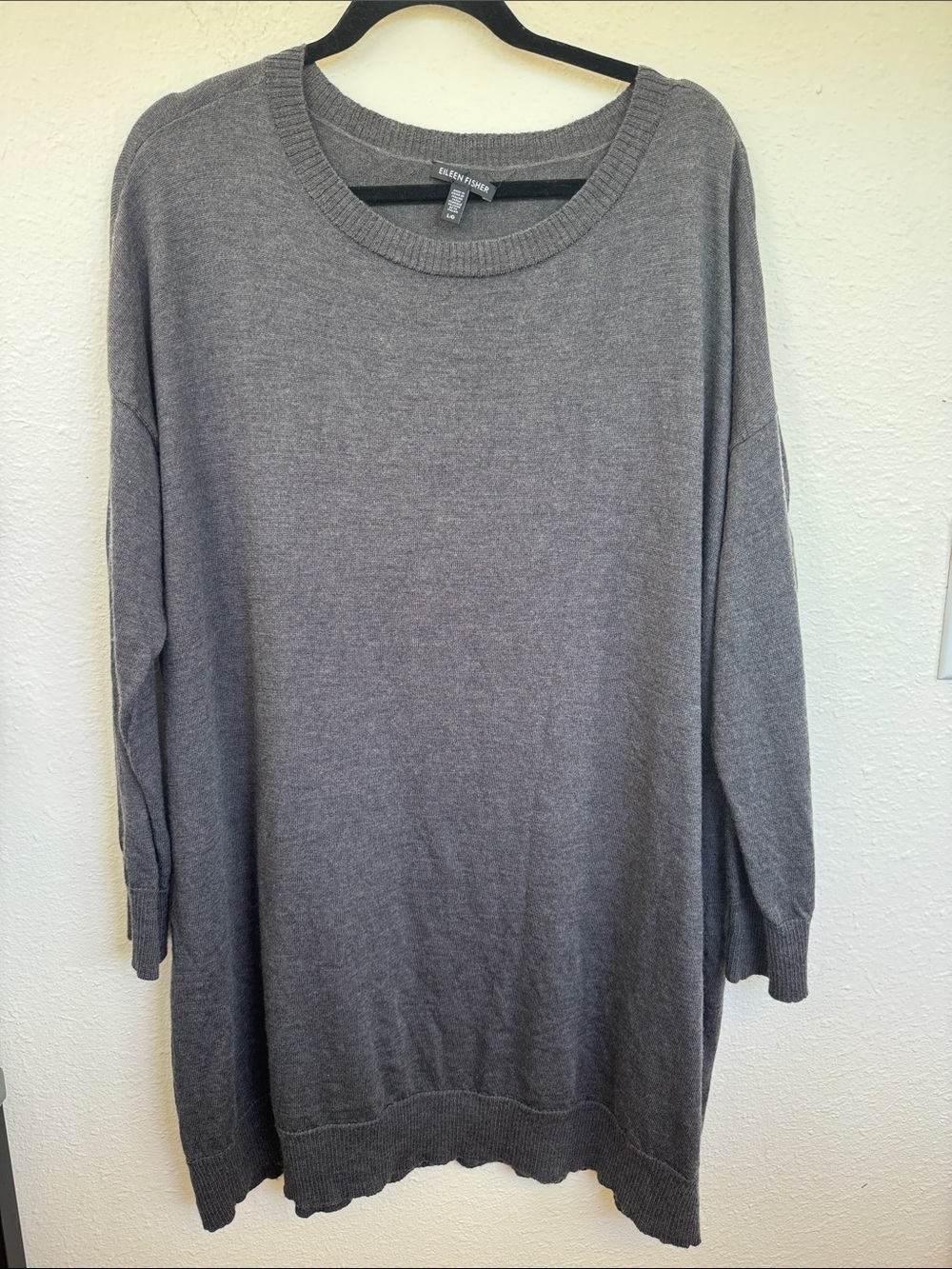 Eileen Fisher 100% Merino Wool Long Sleeve Tunic Dress Size L Lagenlook Neutral